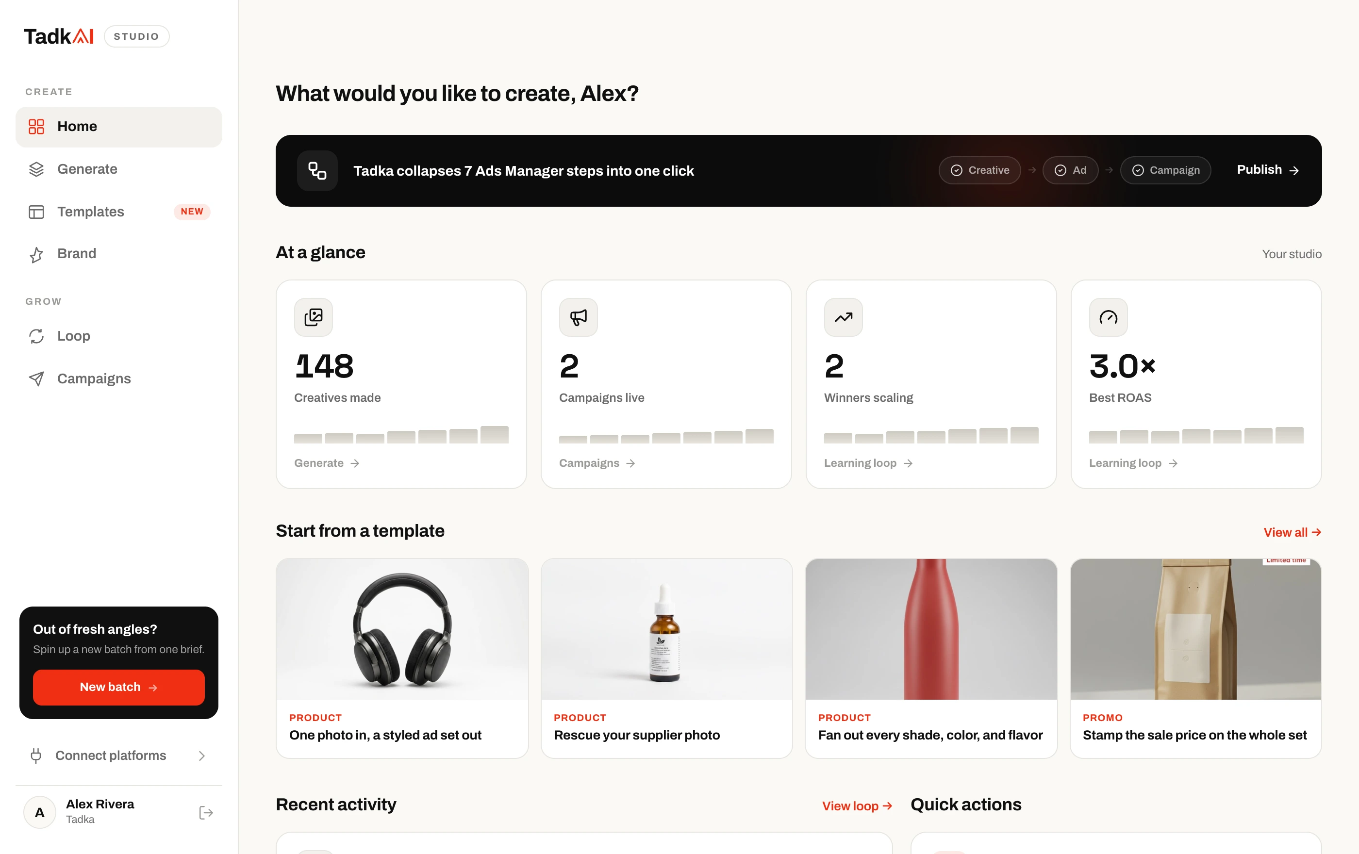 The Tadka studio home with the brief builder, at-a-glance stats and templates